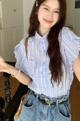 Short Sleeve Plaid Pattern Ruffled Blouse Shirt